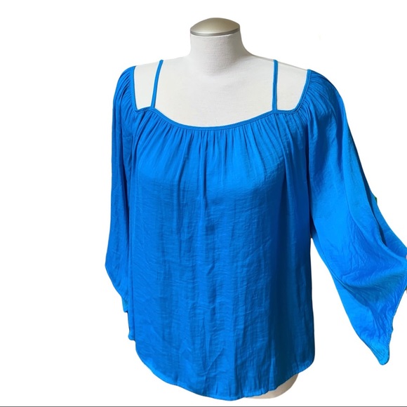 Vince Camuto Aqua-Blue Oversized 3/4 Sleeves Satin Off-Shoulder Boho Top Sz XS - Picture 2 of 7